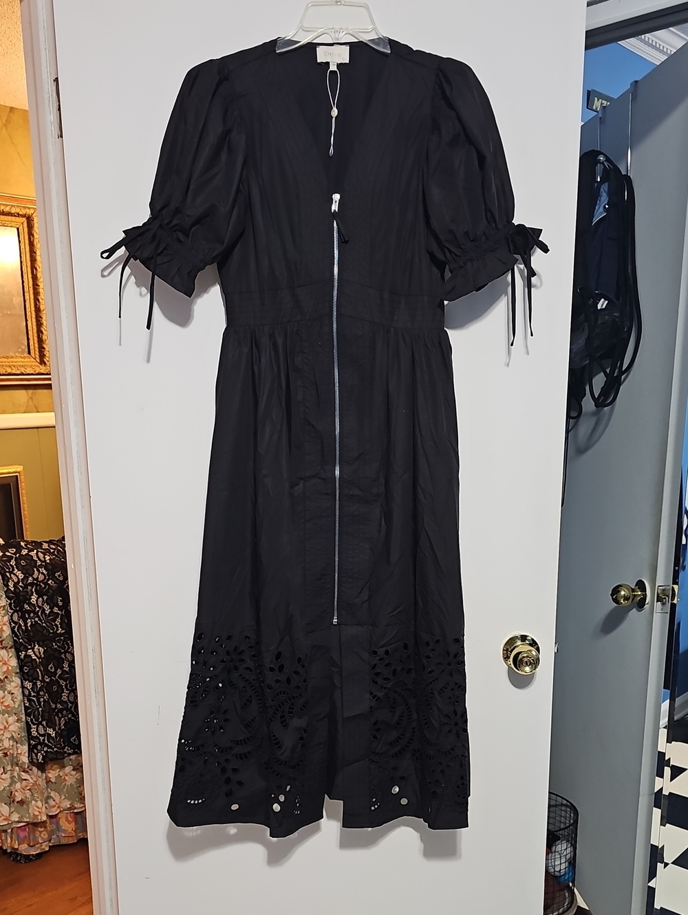 New Entro Black Puff-Sleeve Midi Dress with Eyelet Hem Large Zip Front Wedding